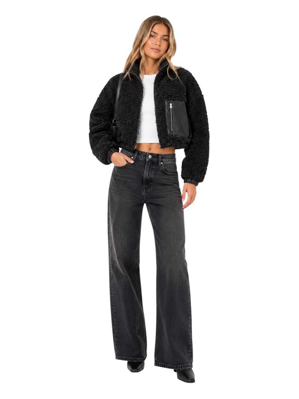 BlankNYC Faux Leather Sherpa Cropped Bomber Jacket Black XS
